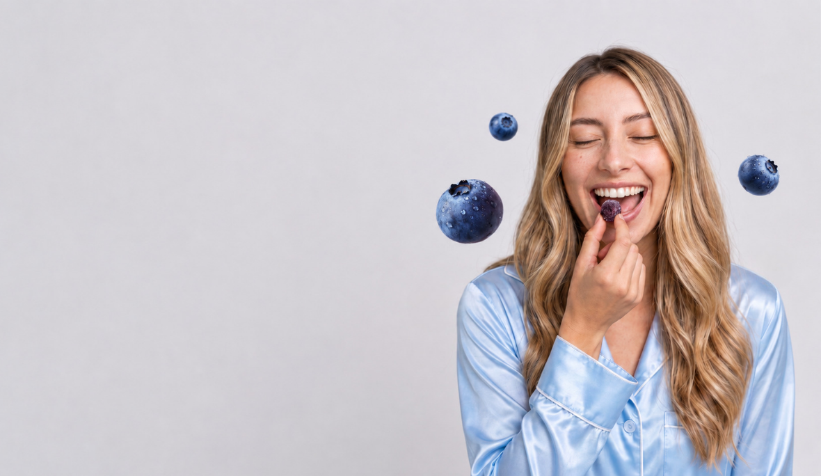 Woman enjoying a Calm & Ease gummy
