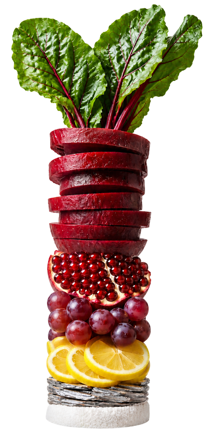 Layered beetroot, pomegranate, grape, lemon, mineral and white supplement powder ingredients